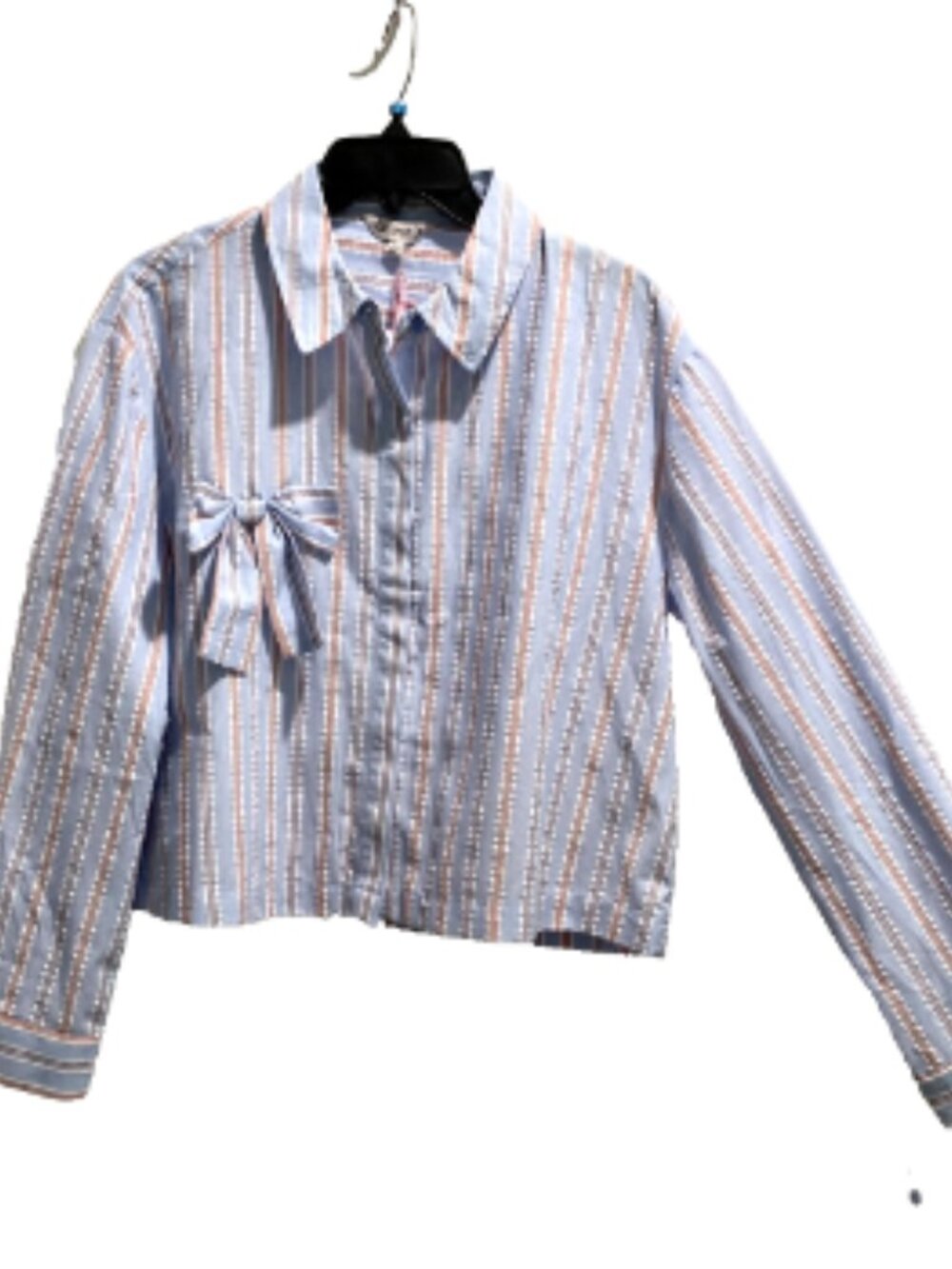 Nanette Lepore Striped Poplin Button Up Boxy Crop Relaxed Shirt Bow Career L